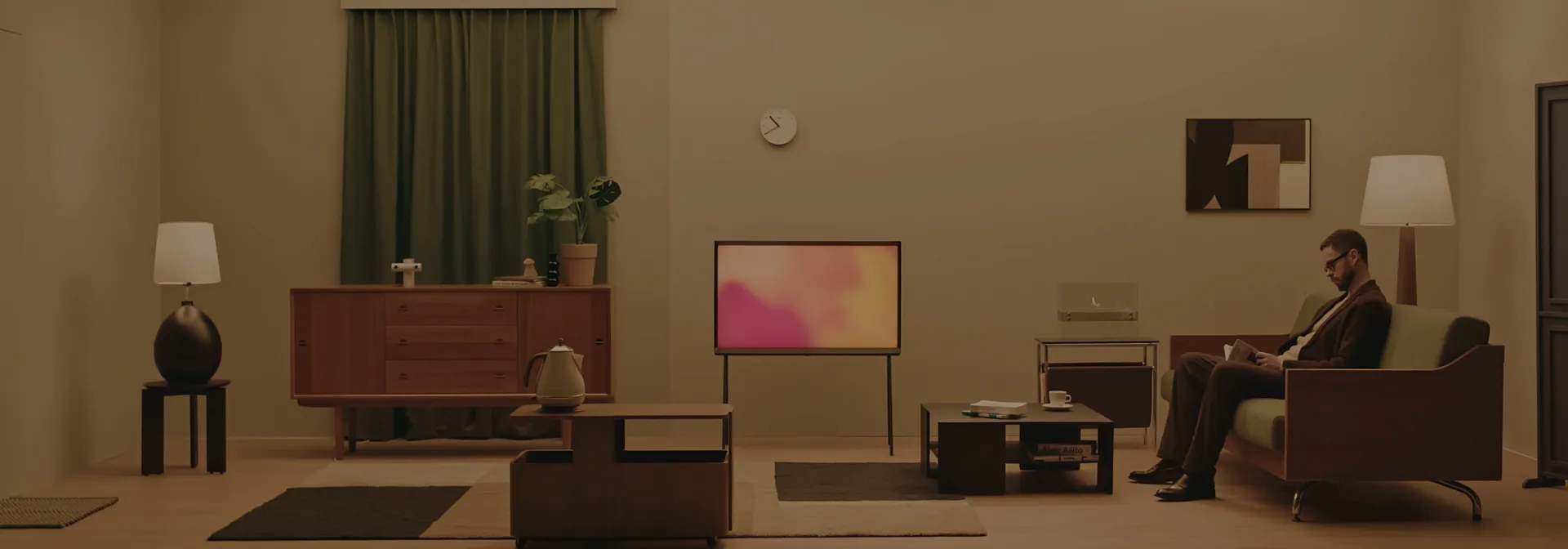 A living room at dusk — a man reads on the sofa while SOL keeps the lamps and screen in tune